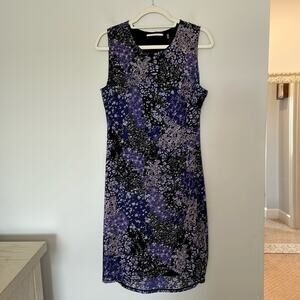 T Tahari Sheath Dress Womens Medium Ruched Purple Floral Stretchy Nylon Lined